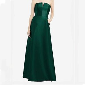 NWT Alfred Sung Hunter Green Strapless Notch Neck Satin‎ Gown Size 0